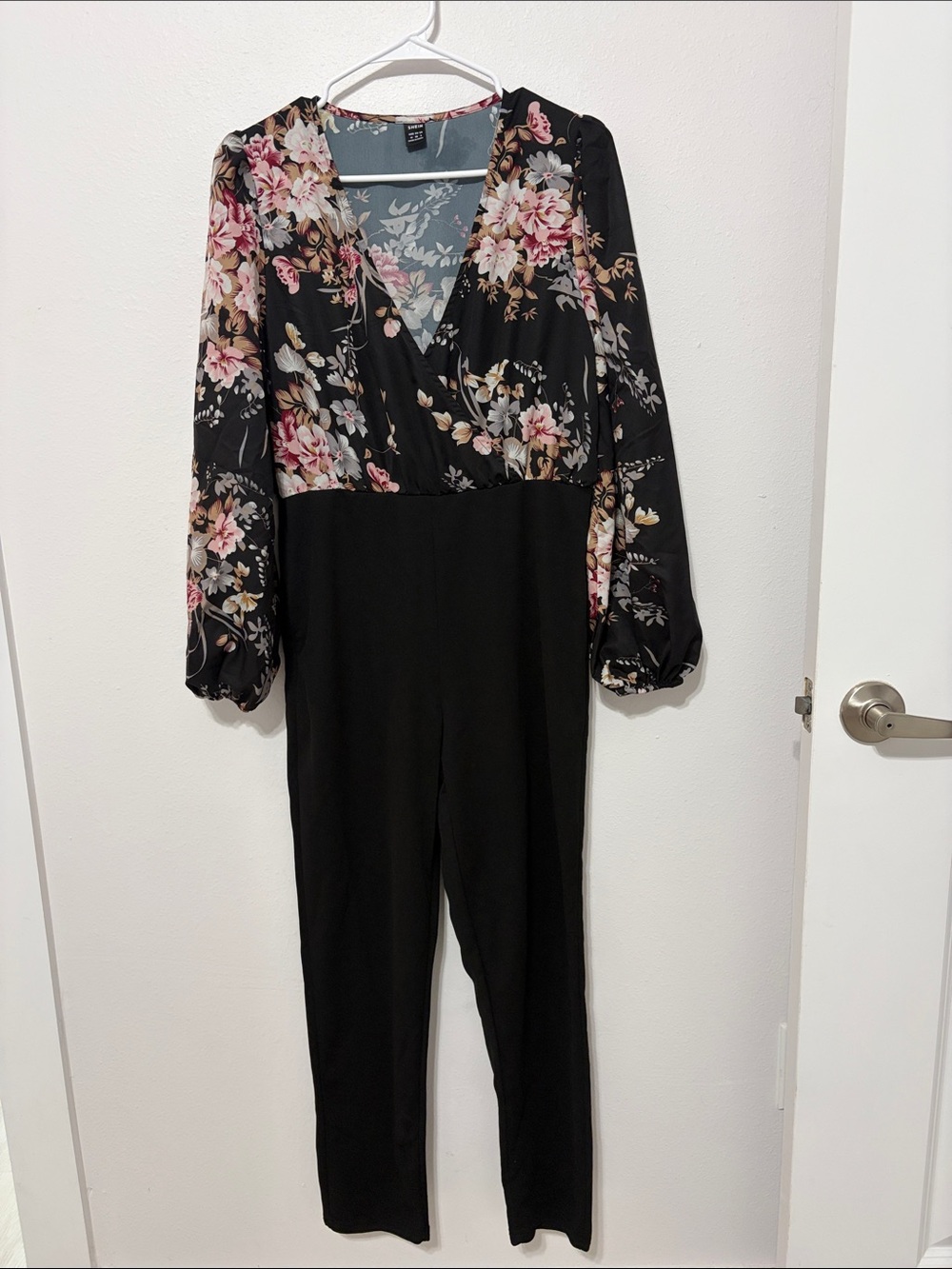 SHEIN Black Floral Wrap Jumpsuit with Pink & Cream Blooms